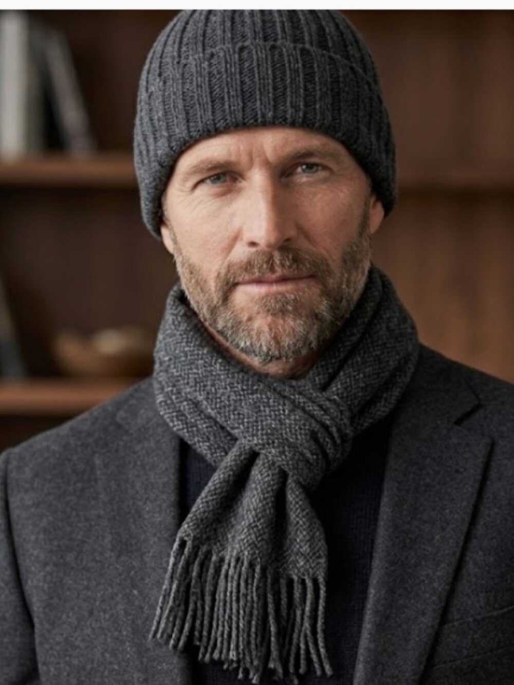 NWT NIb Men’s Italian 100% Wool Scarf & Beanie Set  Made in Italy Black Gray